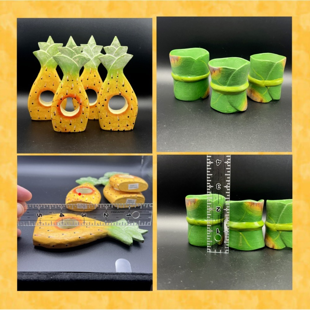 Pineapple & Banana Leaf Wood Napkin Rings Hand-Painted‎ Set of 7 ~ Indonesia